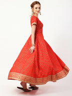 Cheera Women's Red Cotton Hand Block Print Long Dress With Silk Dupatta Set