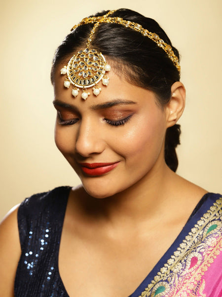 Gold-Polished White Kundan-Studded Pearl Beaded Matha Patti - Ruby Raang