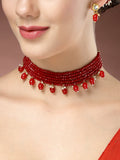 NVR Women's Red Artificial Beads Layered Necklace with Drop Earring
