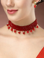 NVR Women's Red Artificial Beads Layered Necklace with Drop Earring