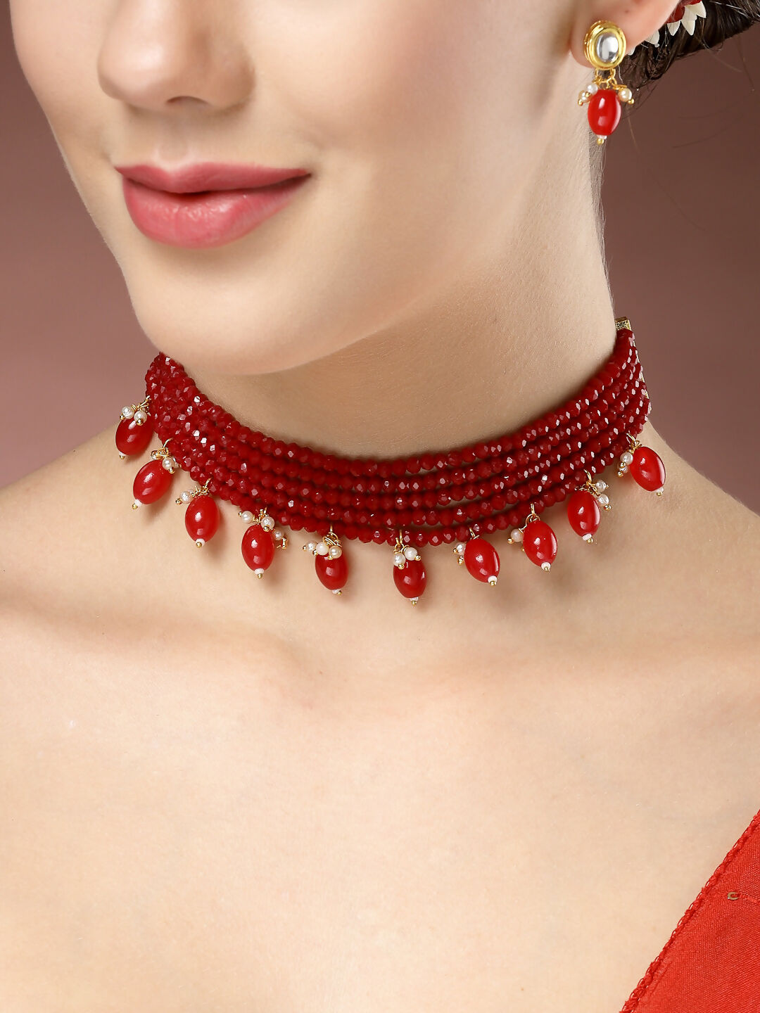 NVR Women's Red Artificial Beads Layered Necklace with Drop Earring