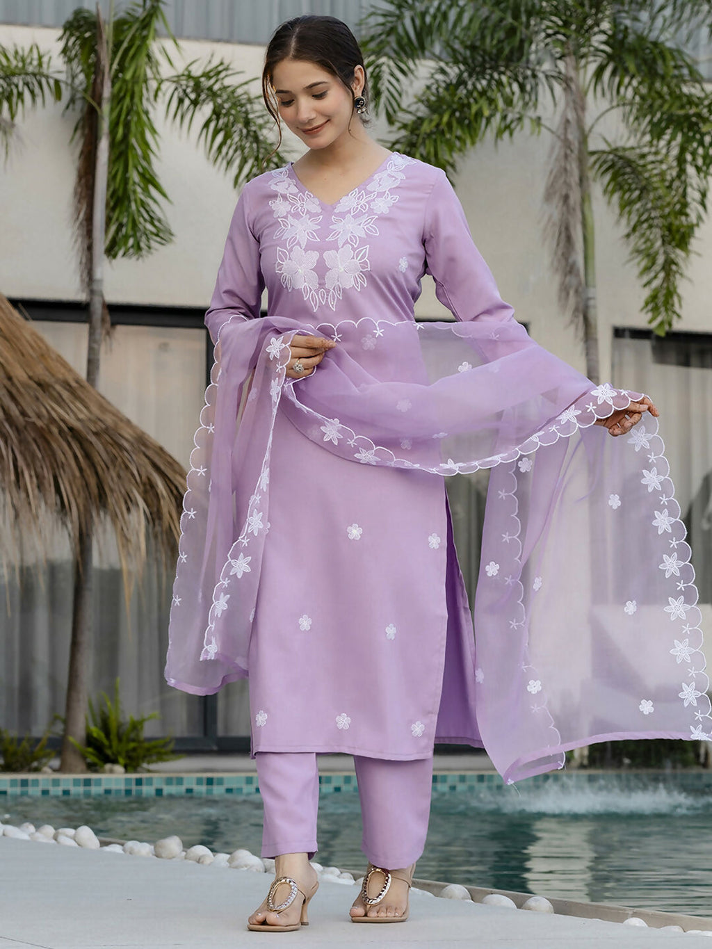 The52 Lavender Women's Beautiful Thread work Rayon Fabric with Straight Kurta, Pant and Dupatta Set - Distacart