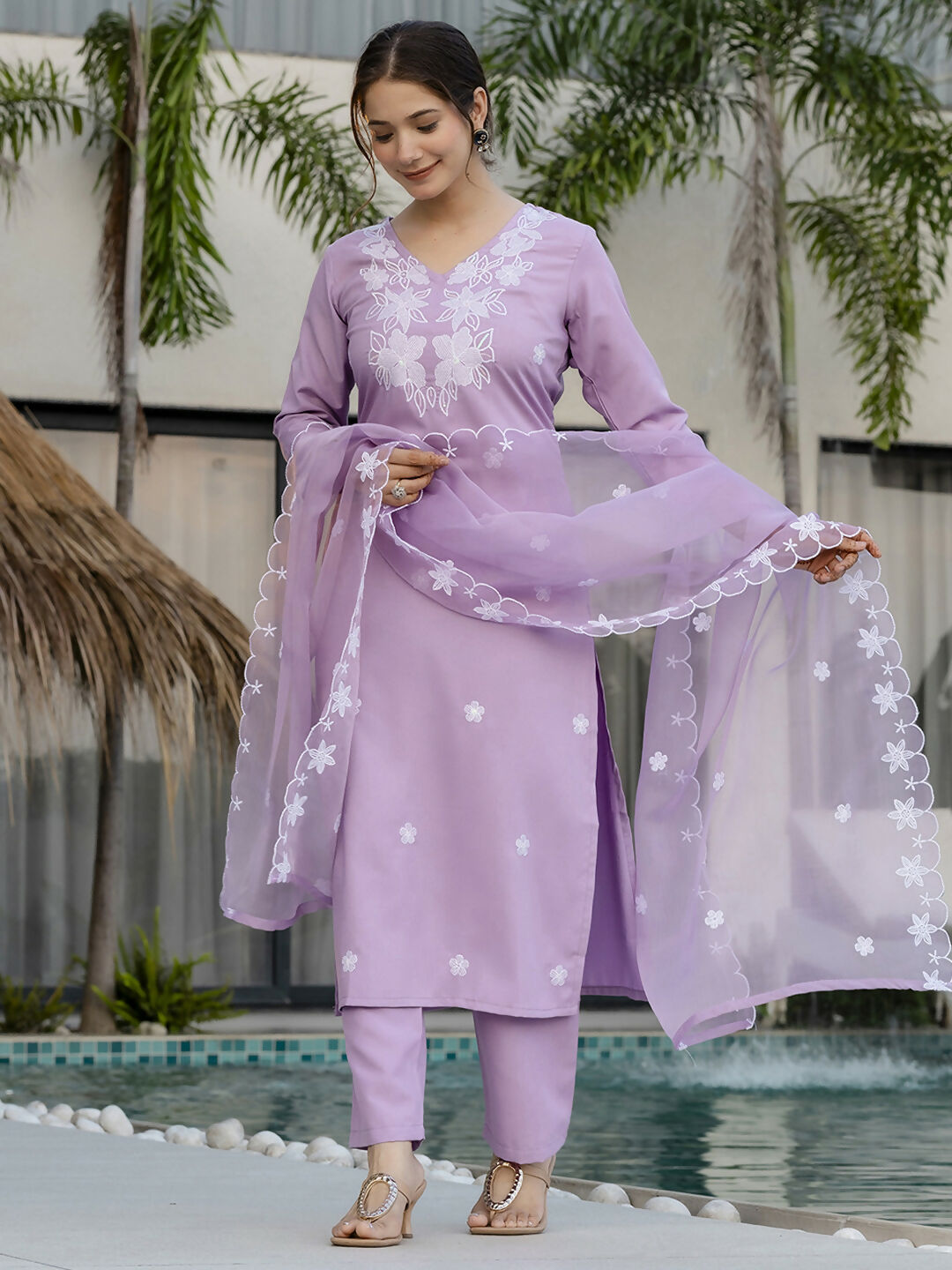 The52 Lavender Women's Beautiful Thread work Rayon Fabric with Straight Kurta, Pant and Dupatta Set - Distacart