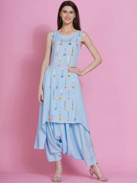 Women Republic Powder Blue Hand Embellished Kurta With Harem Pants