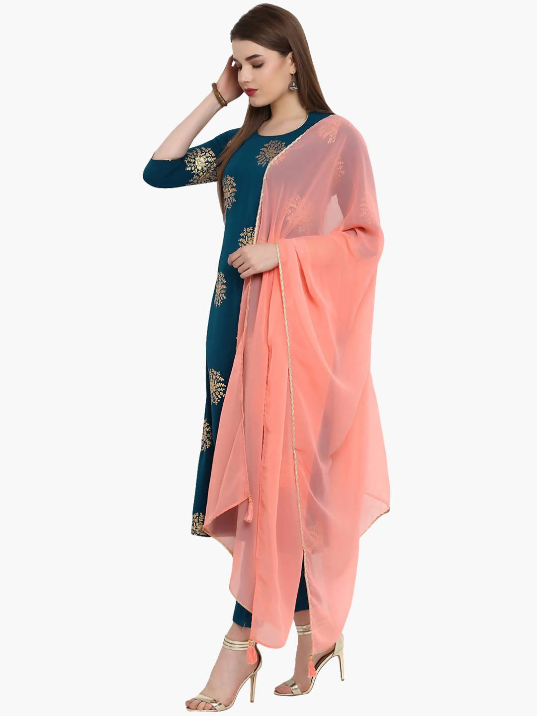 Janasya Flower Golden Foil Kurta Set with Dipped Hemline - Distacart