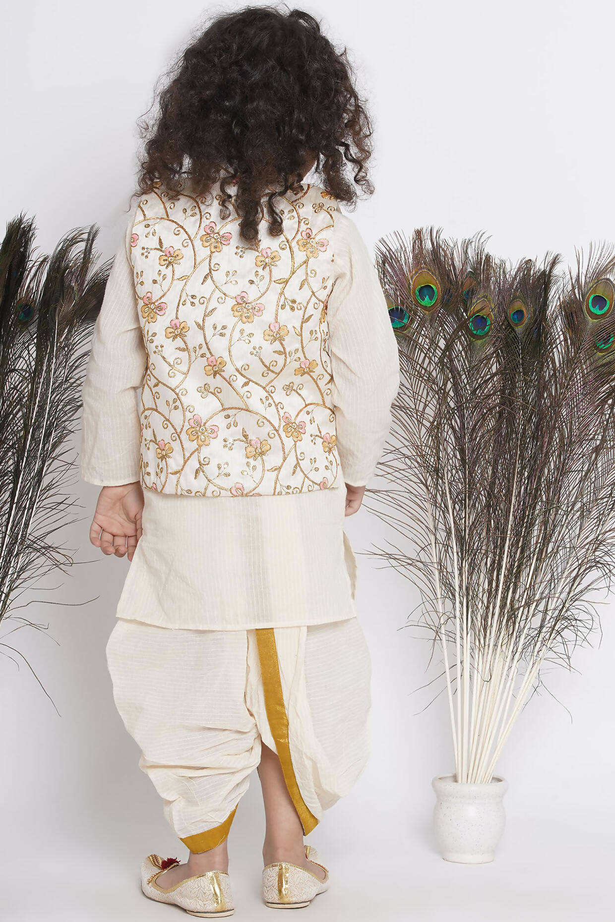 Little Bansi Banarsi Silk Orange Pink Floral Embroidery Jacket With Cotton Kantha kurta And Kantha Dhoti - Cream