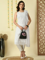 Myshka Women's White Georgette Sleeveless Straight Party Kurta With Dupatta Set