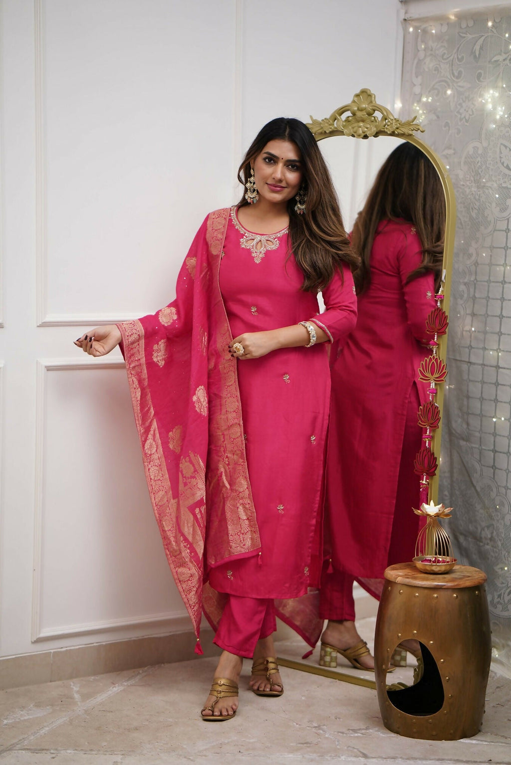 The52 Gajri Women's Gorgeous Embroidered Viscose Chanderi Fabric Straight Kurta Pant with Dupatta Set - Distacart