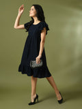 Myshka Women's Navy Blue Embroidered Cotton Round Neck A-Line Party Dress - Distacart