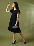 Myshka Women's Navy Blue Embroidered Cotton Round Neck A-Line Party Dress - Distacart