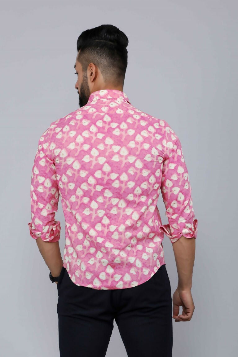 Miravan Men's Pink Print Comfort Cotton Festive Shirt