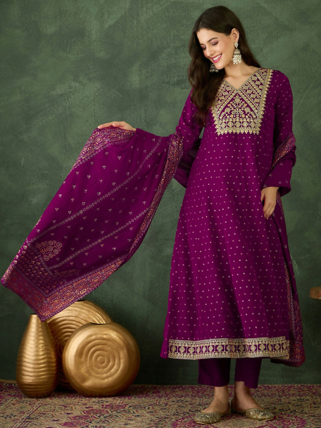 The52 Wine Women's Gorgeous Embroidered Work Vichitra Silk Fabric Flared Kurta Pant and Dupatta Set - Distacart