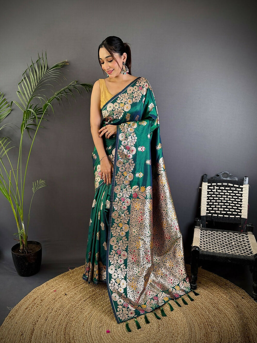 Joban Fashion Meenakari Teal Green Woven Soft Silk Saree - Distacart