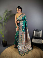 Joban Fashion Meenakari Teal Green Woven Soft Silk Saree - Distacart