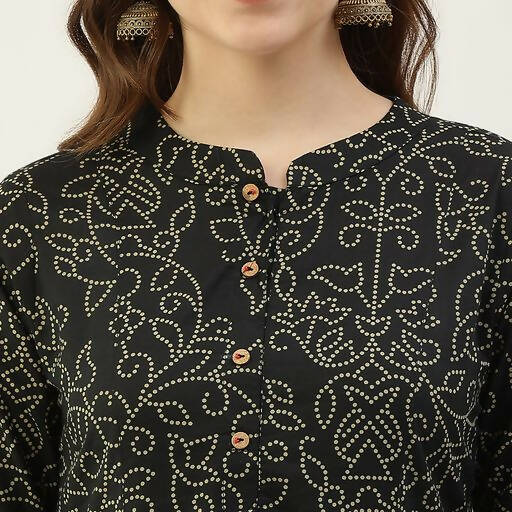 FIORRA Women's Black Printed Flared Cotton Kurta