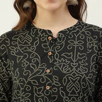 FIORRA Women's Black Printed Flared Cotton Kurta