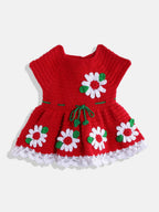 Chutput Kids Woollen Hand Knitted Short Sleeves Flower Detail Dress For Baby Girls - Red