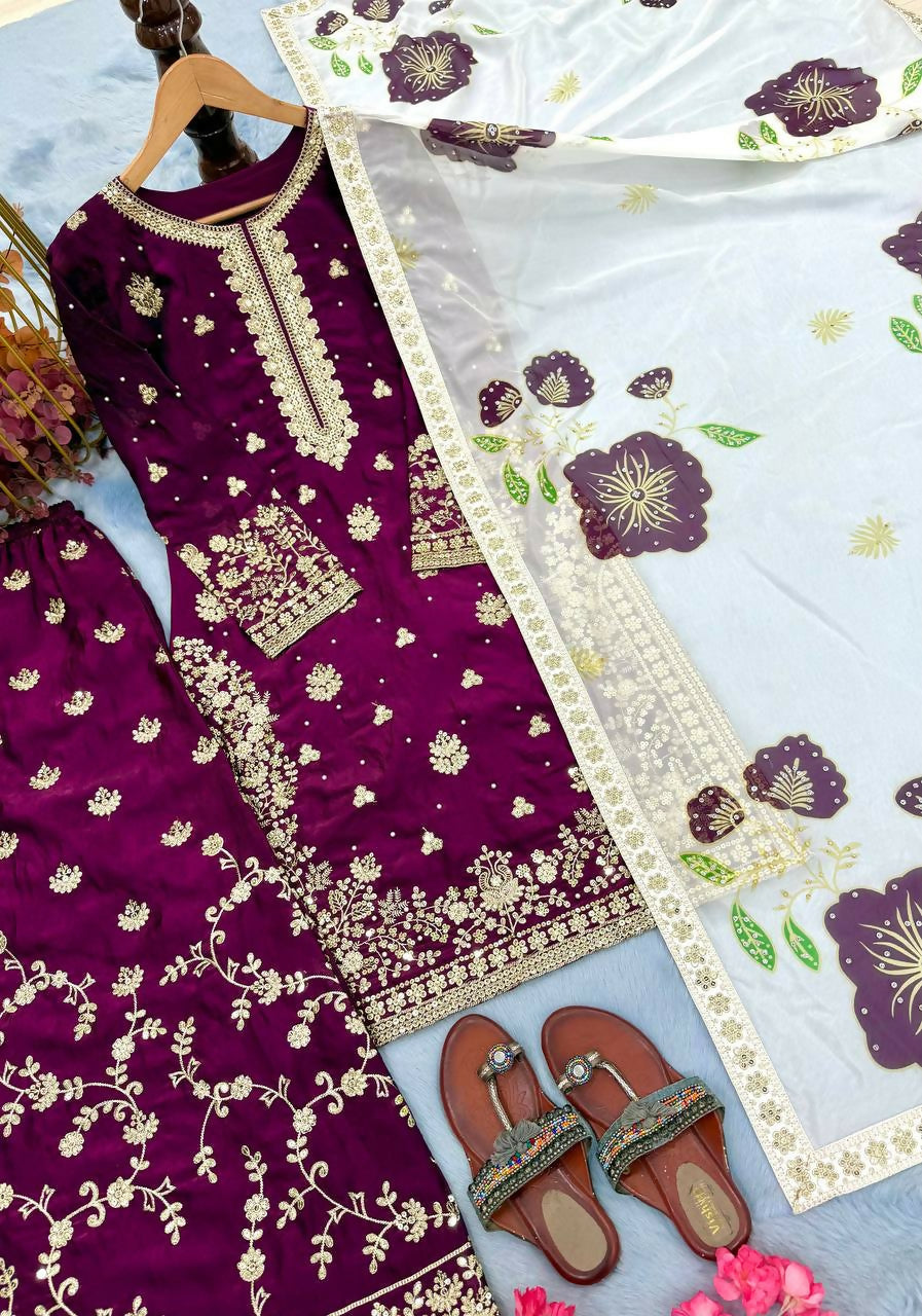 Teeya Creation Wine Fendy Silk Beads Work Designer Wedding Wear Salwar Suit - Distacart
