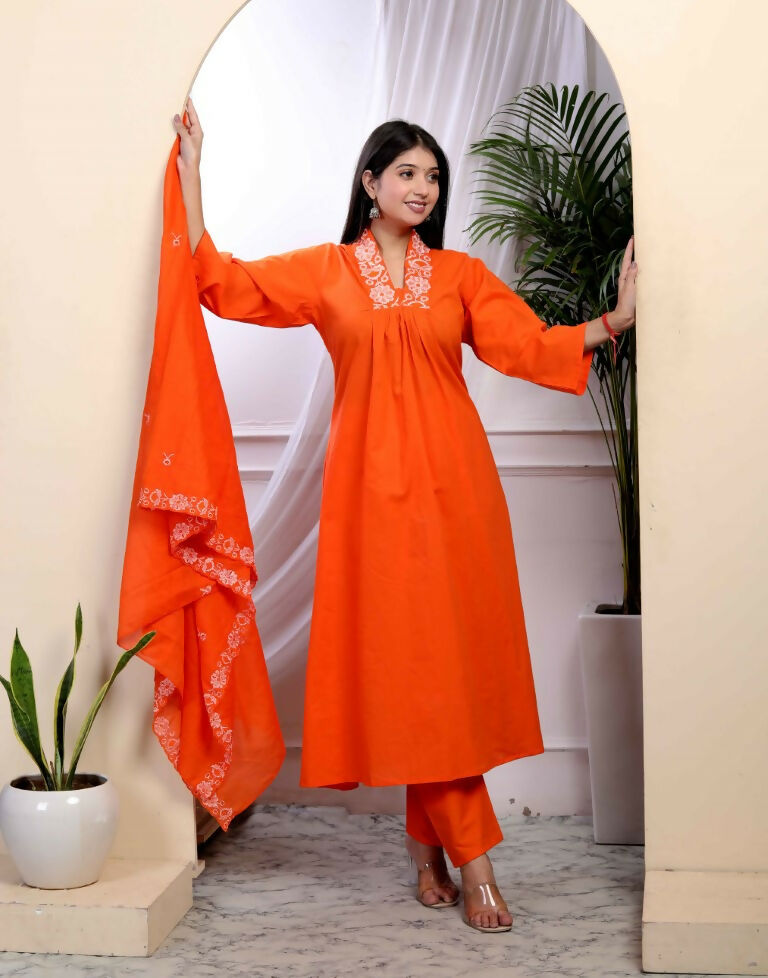 Miravan Women's Orange Cotton Embroidered A-Line Kurta And Palazzo With Dupatta Set
