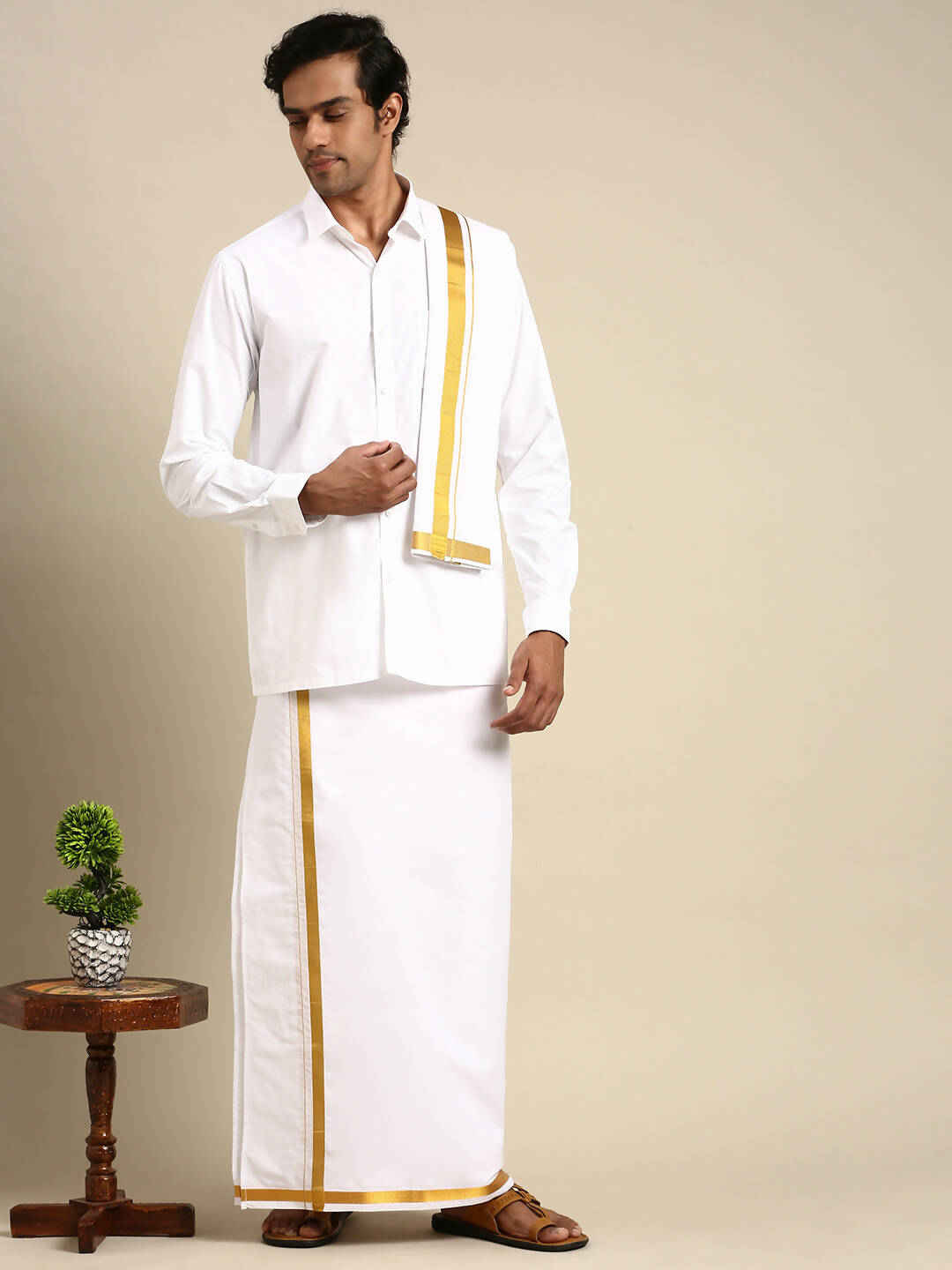 Ramraj Cotton Mens Wedding Set White Regular Dhoti, Shirt & Towel