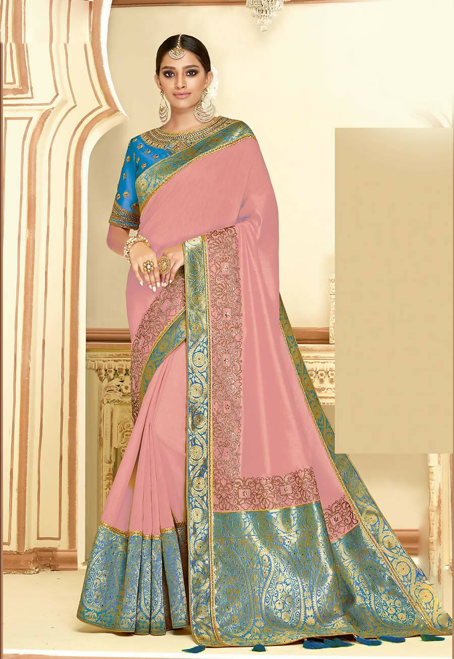 Pink Satin Silk Zari Embroidery, Laser Cut Borders, Tassels Saree - Norita Alankrita