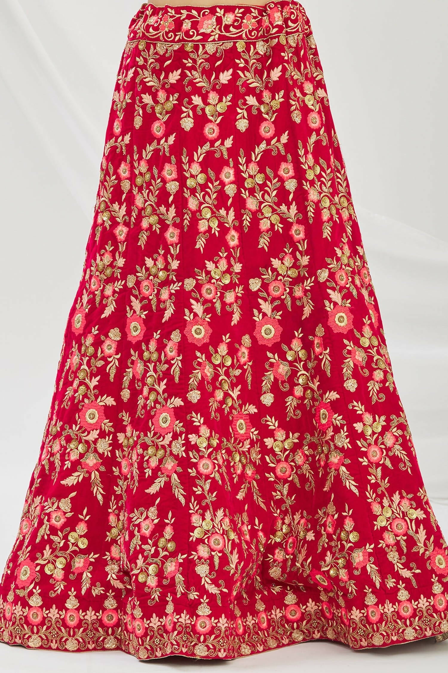 Red Velvet Semi-Stitched Wedding Bridal Lehenga - Nimaya