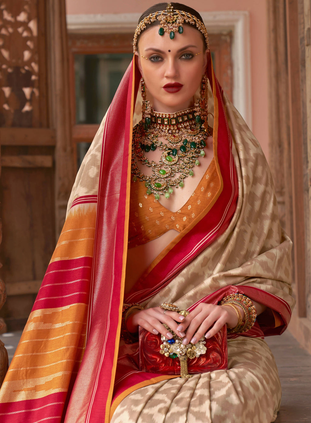 Cream Silk Abstract Printed Saree With Unstitched Blouse Piece - Aanchal