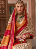 Cream Silk Abstract Printed Saree With Unstitched Blouse Piece - Aanchal