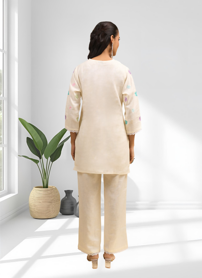Joban Fashion Cream Linen Embroidered Readymade Cord Set - Distacart