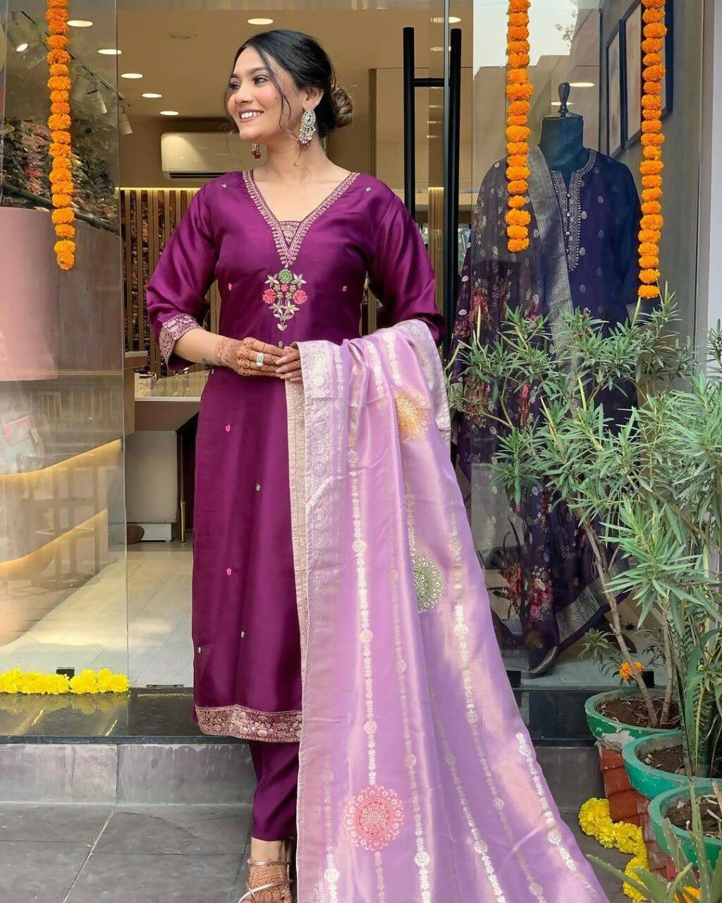 The52 Women's Beautiful Chanderi Fabric Embroidery Work Flared Kurta Pant and Dupatta Set - Distacart