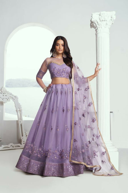 Aastha Fashion Lavender Butterfly Net Tone To Tone Cotton Thread Work And Sequence Work Embroidery Wedding Wear Lehenga Choli