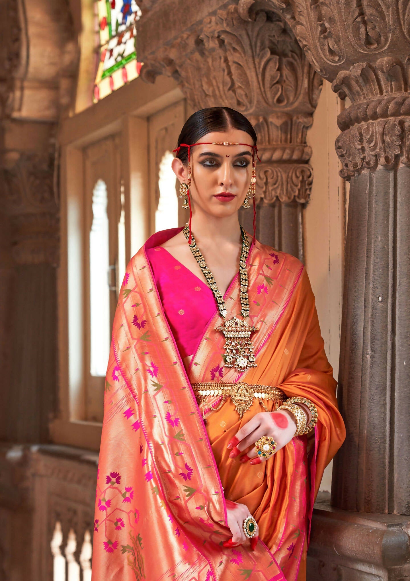 Orange Soft V.P. Silk Magnum Finish, Weaving, Golden Zari Paithani Silk Saree - Rath Kadampalli