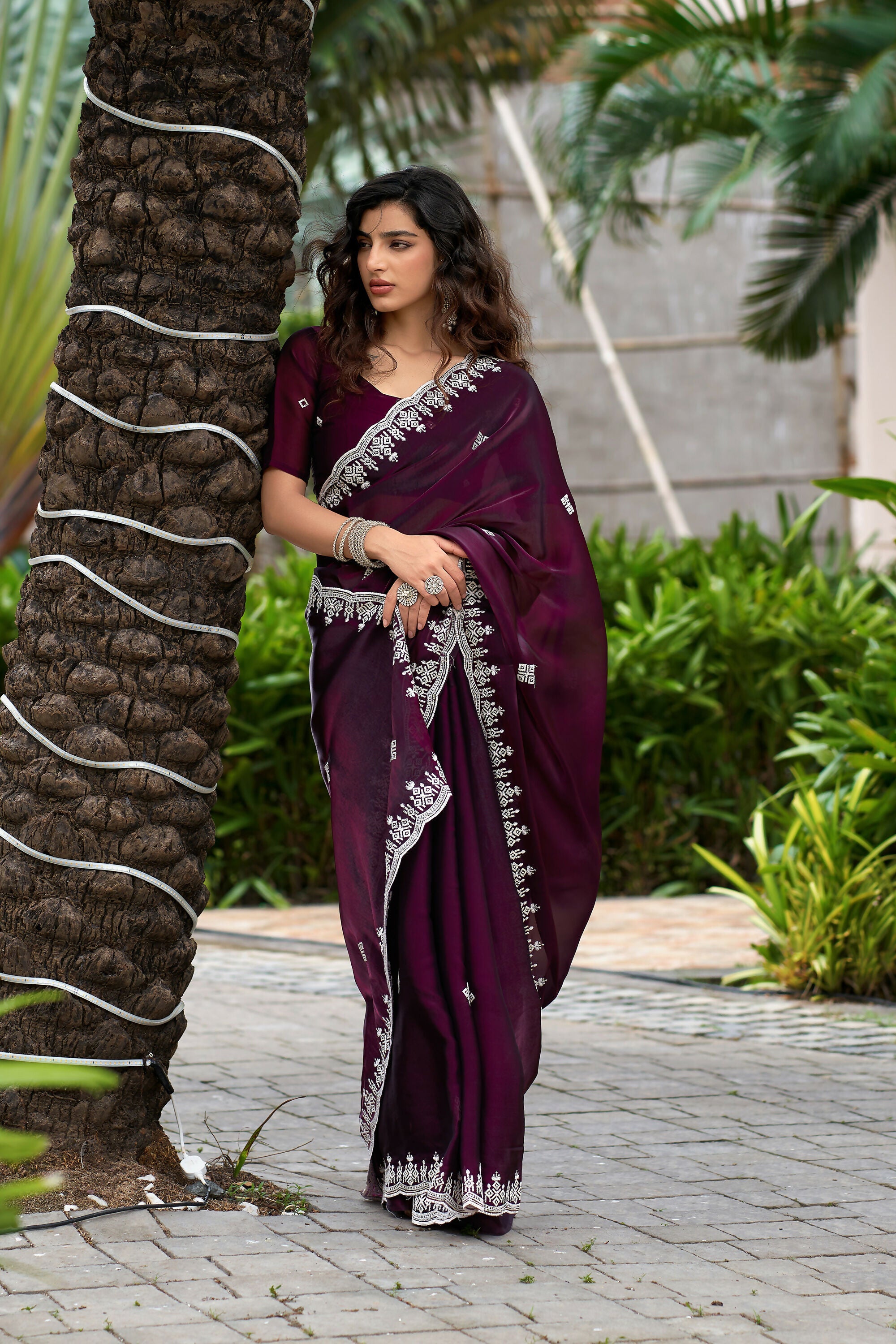Vastranavya Wine Embroidery Work Shimmer Chiffon Saree with Unstitched Blouse - Distacart