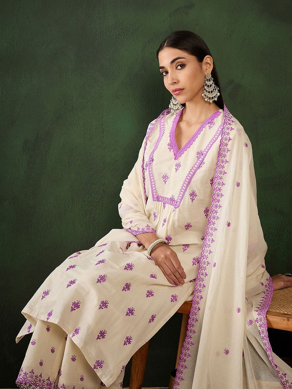 Sangria Purple Floral Embroidered Thread Work Pure Cotton Kurta & Palazzos With Dupatta