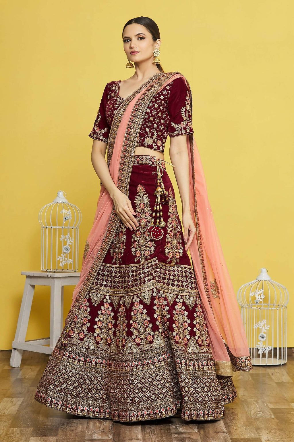 Maroon Velvet Semi-Stitched Wedding Bridal Lehenga - Nimaya