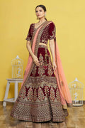 Maroon Velvet Semi-Stitched Wedding Bridal Lehenga - Nimaya
