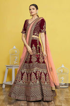 Maroon Velvet Semi-Stitched Wedding Bridal Lehenga - Nimaya