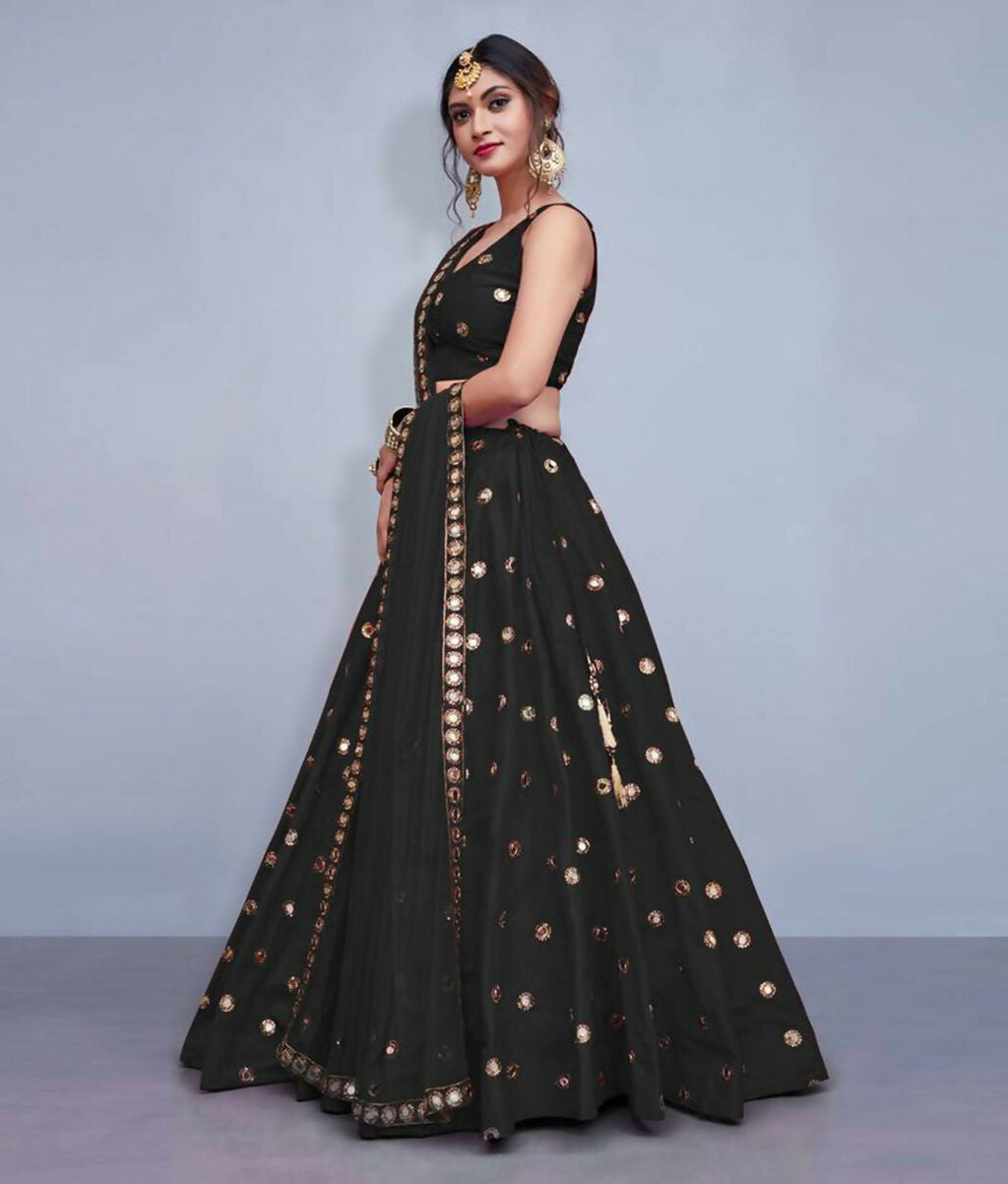 Jyoti Fashion Beautiful Black Embroidered with Mirror work Art Silk Party Wear Lehenga Choli with Dupatta