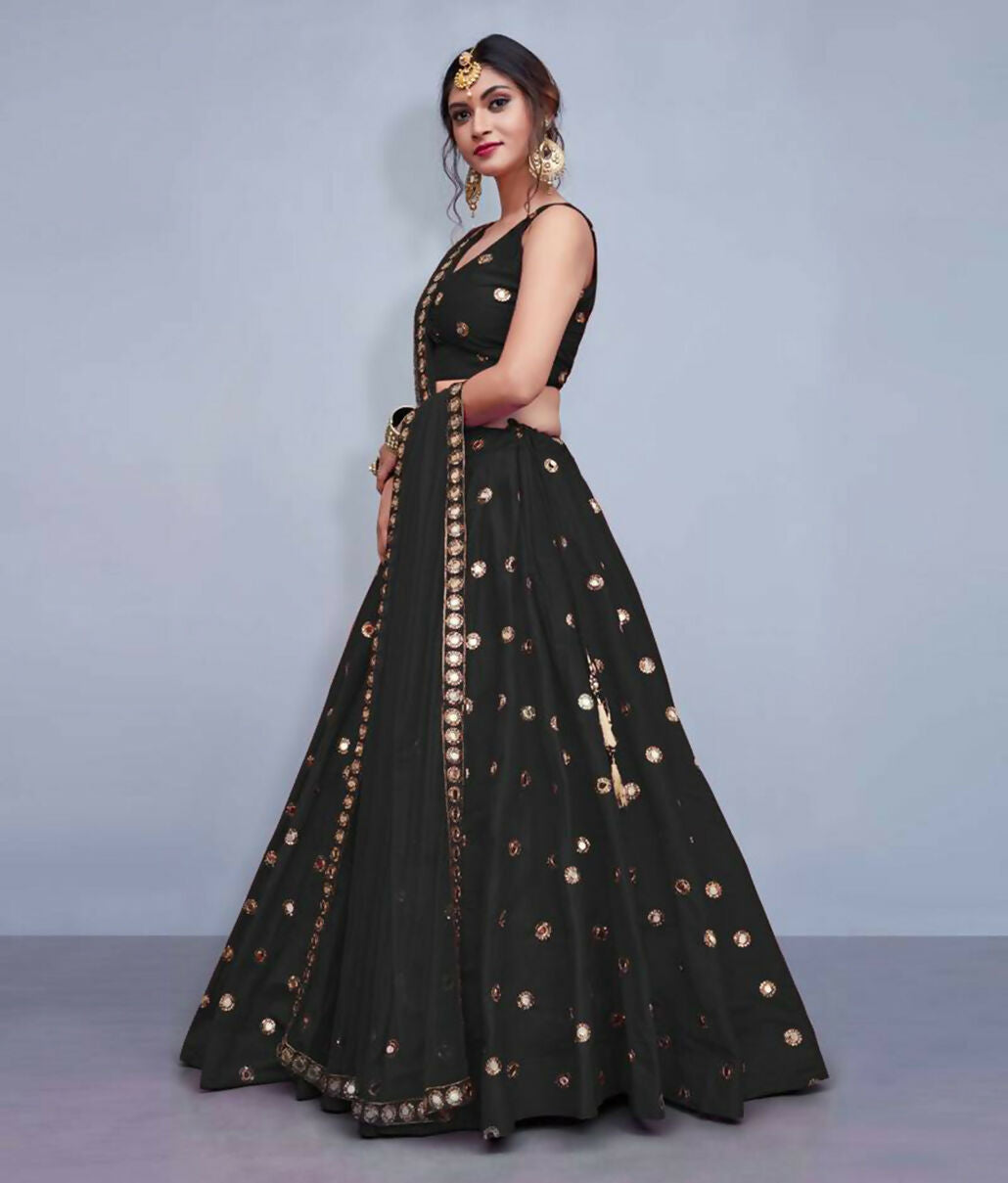 Jyoti Fashion Beautiful Black Embroidered with Mirror work Art Silk Party Wear Lehenga Choli with Dupatta