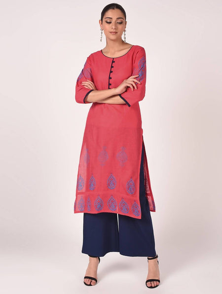 Cheera Hand Block Print Latest Fashion Baby Pink Straight Kurta