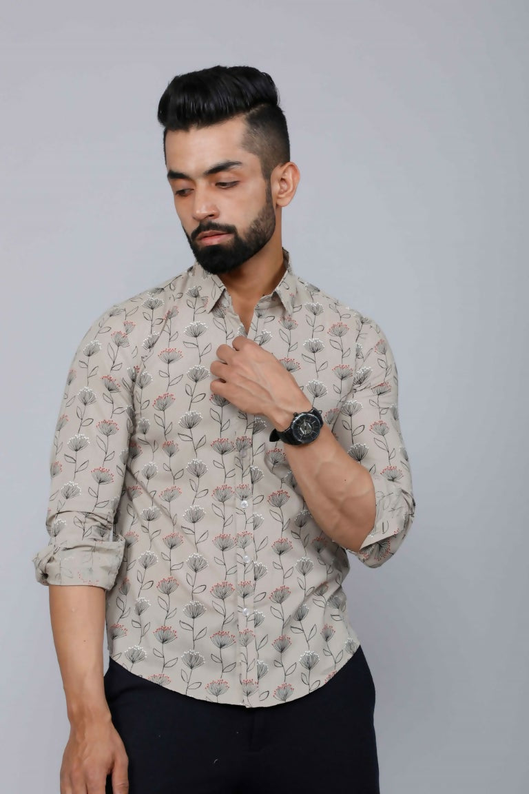 Miravan Men's Beige Comfort Floral Printed Casual Shirt