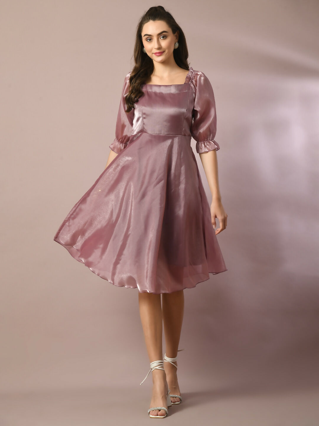 Myshka Women's Brown Solid Square Neck Fit and Flare Party Dress - Distacart