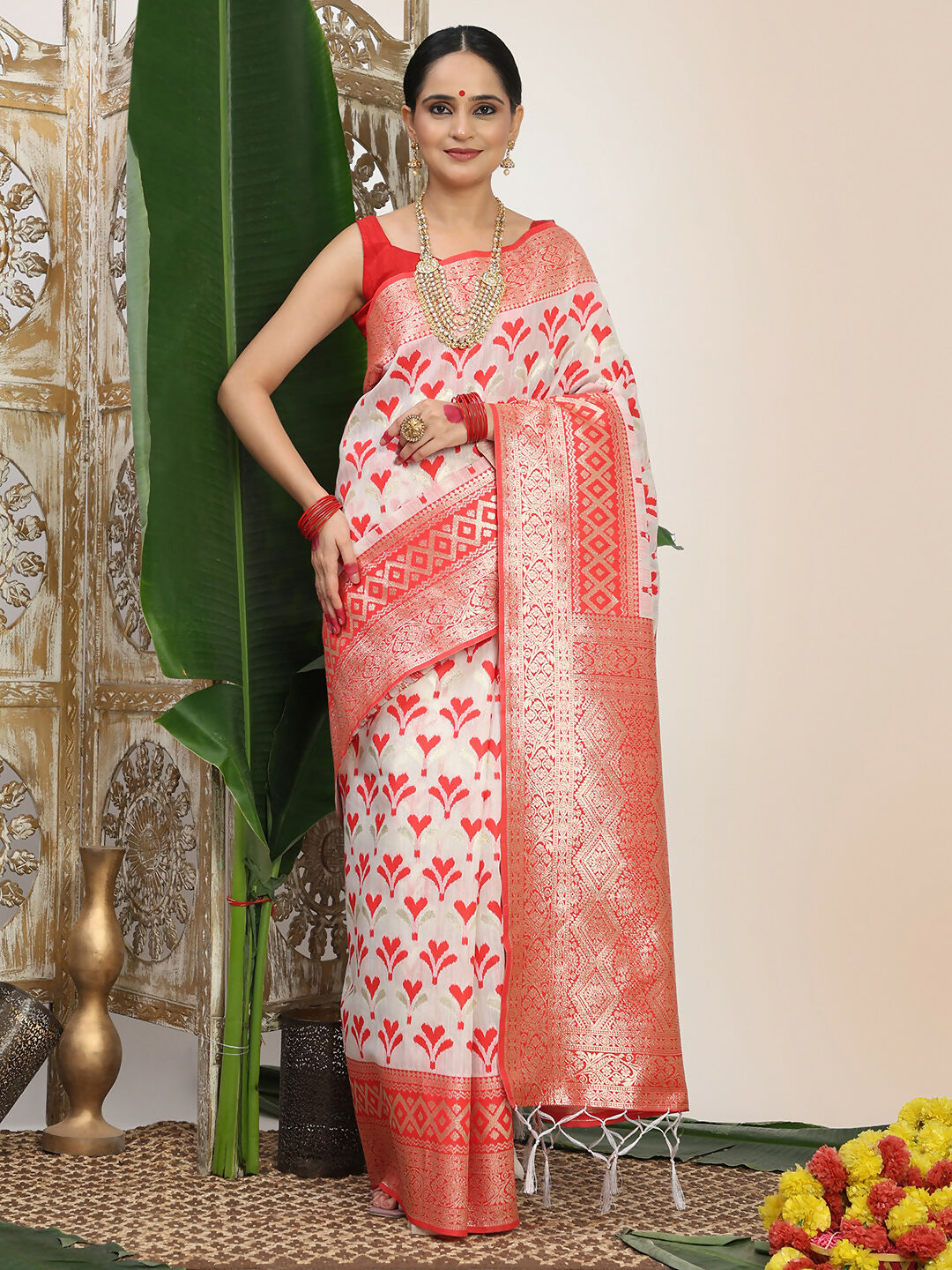 Shree Shyam Fashion Linen Cotton Red & White Saree - Distacart