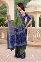 Prime Volt Women's Green & Blue Printed Mal Cotton Saree with Designer Blouse Piece - Distacart