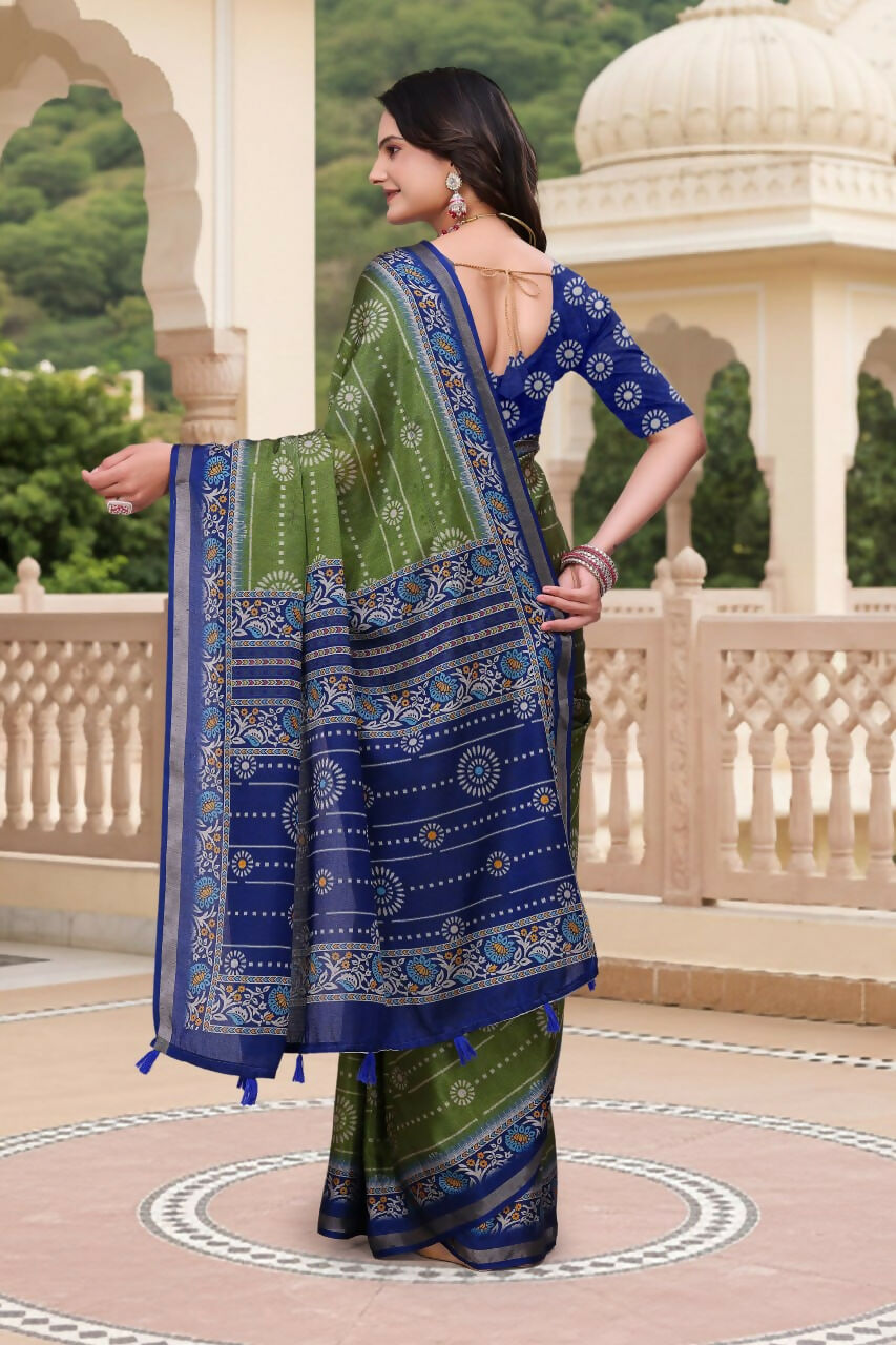 Prime Volt Women's Green & Blue Printed Mal Cotton Saree with Designer Blouse Piece - Distacart