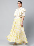 Ahalyaa Women Crepe Cream Solid Top with Printed Skirt with Ruffle Details - Distacart
