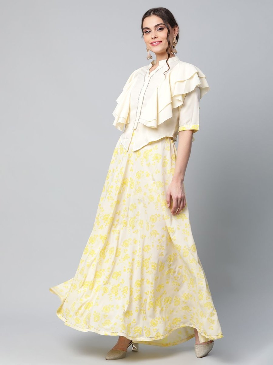 Ahalyaa Women Crepe Cream Solid Top with Printed Skirt with Ruffle Details - Distacart