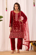 Joban Fashion Red Velvet Embroidery Sequence Work Readymade Kurta Set - Distacart