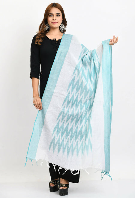 Mominos Fashion Moeza Women's Handloom Cotton Ikkat Sea Green Dupatta