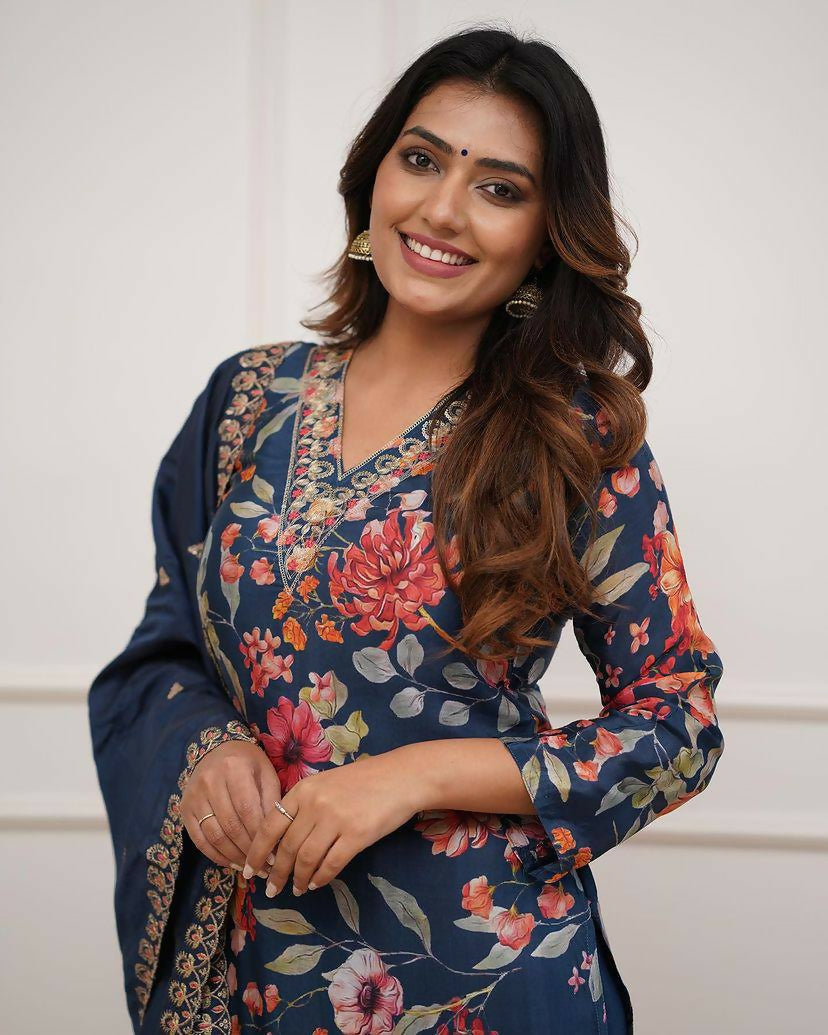 The52 Blue Women's Gorgeous Printed Pure Russian Silk Fabric Straight Kurta Pant with Dupatta Set - Distacart